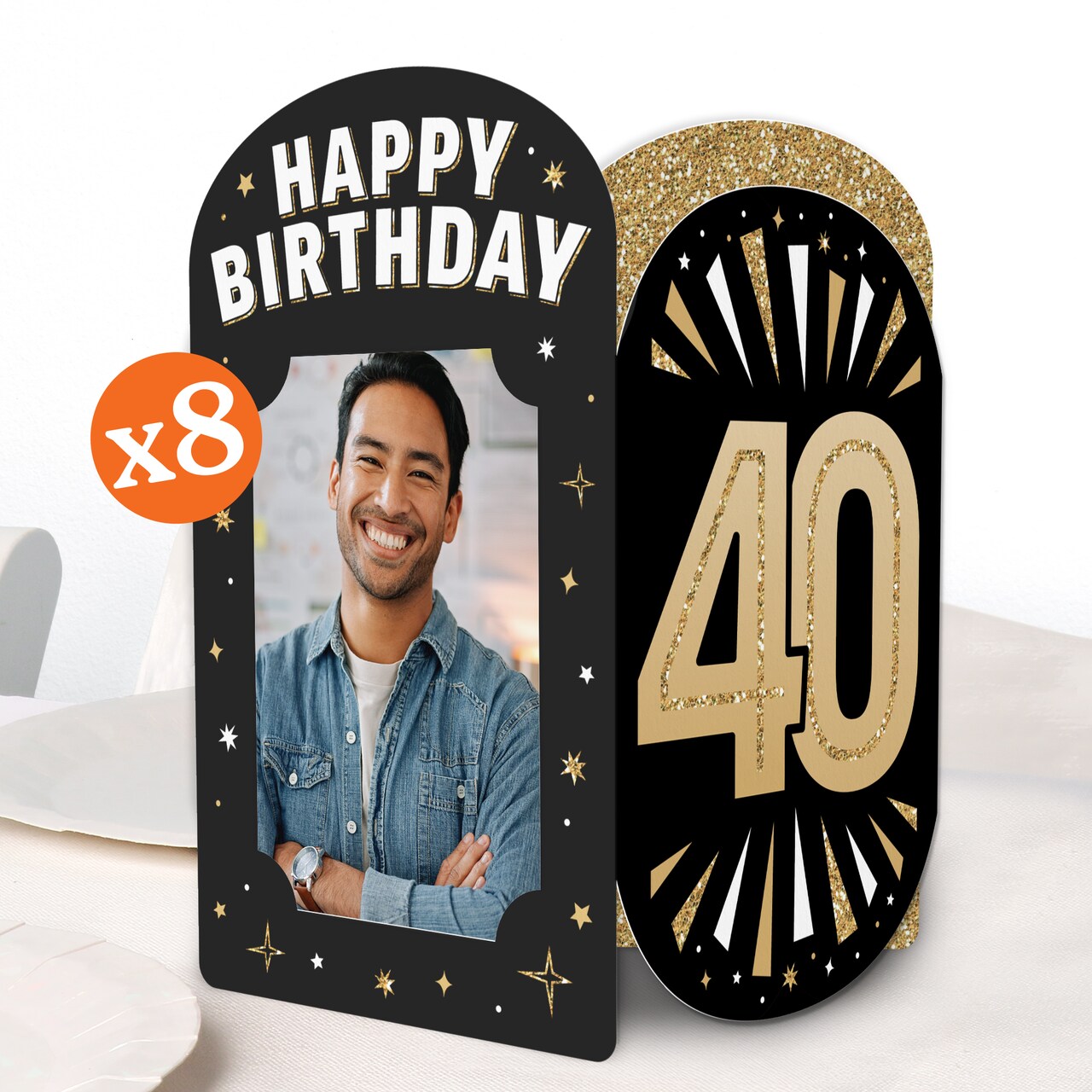 Big Dot of Happiness 40th Birthday Photo Holder Centerpieces, 4x6 Picture Display Box, Black & Gold Table Decoration for Adult Birthday Decor, 8 Count